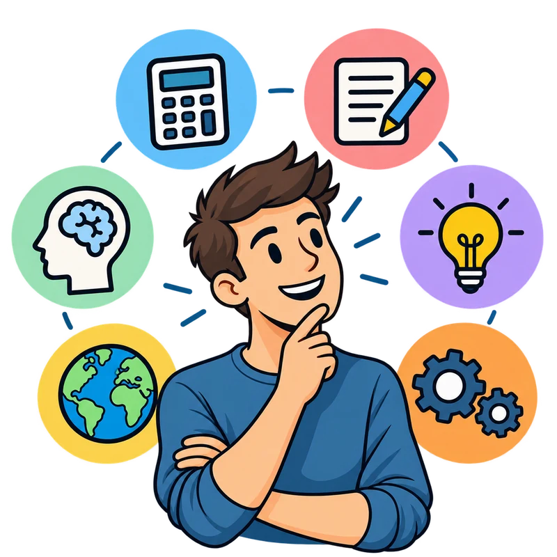 Illustration zum Einstellungstest mit sechs Testbereichen