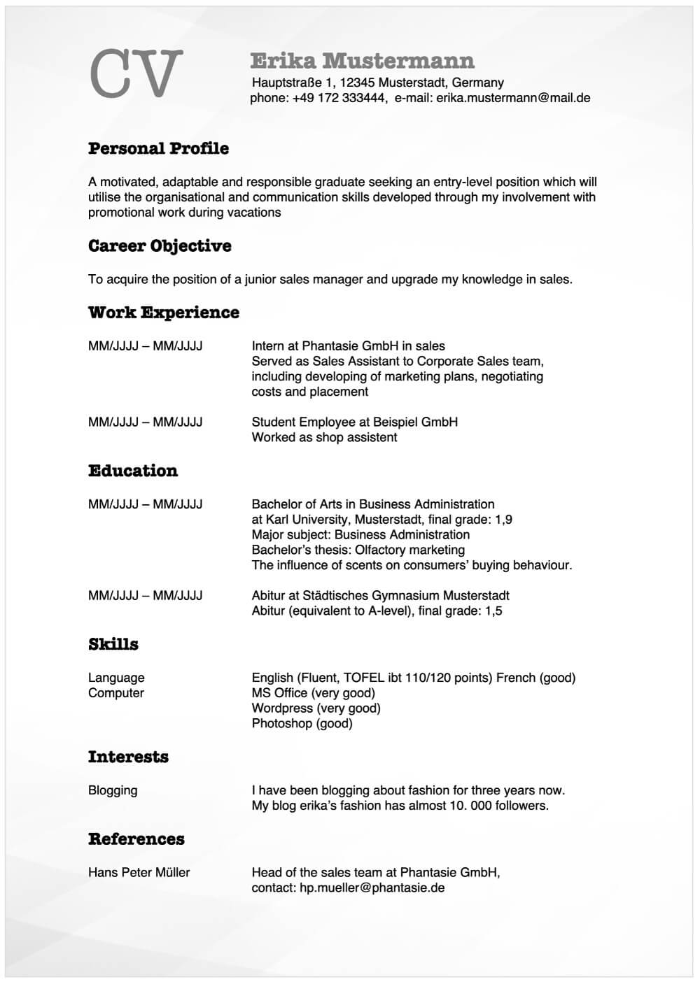 Englischer Cv Curriculum Vitae Resume Muster Beispiel