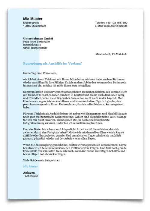Bewerbung Aushilfe Anschreiben Vorlage Kostenlos Muster