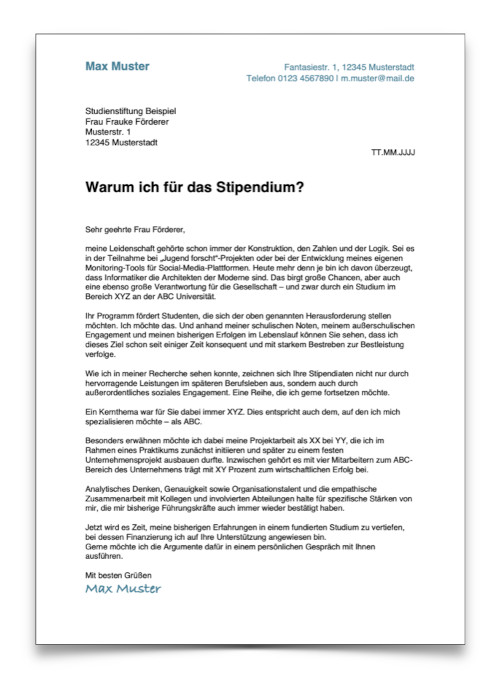 Bewerbung Stipendium Muster Motivationsschreiben Vorlage Beispiel 1