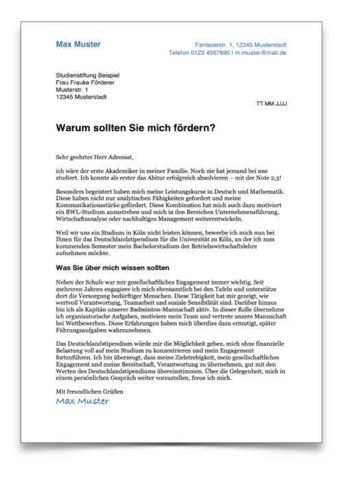 Bewerbung Stipendium Muster Motivationsschreiben Vorlage Beispiel 2
