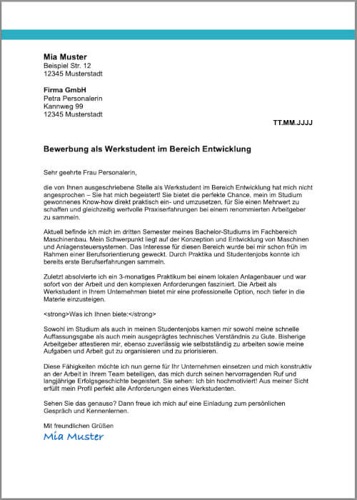 Bewerbung Werkstudent Muster Beispiel Anschreiben