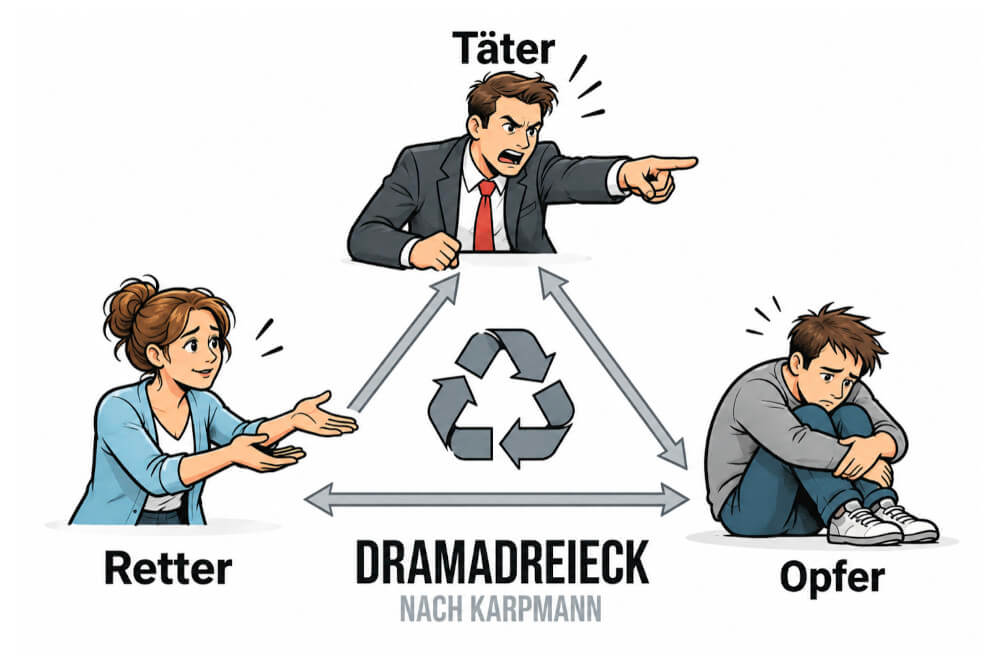 Dramadreieck nach Karpmann: Täter - Opfer - Retter