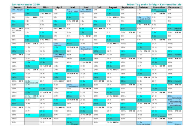 Jahreskalender 2020: Gratis Vorlage zum Ausdrucken