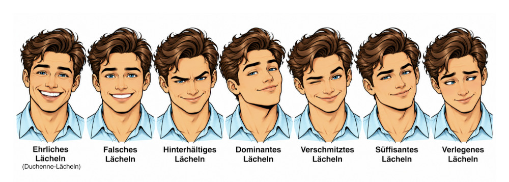 7 Arten des Lächelns - echt, falsch, Duchenne-Lächeln
