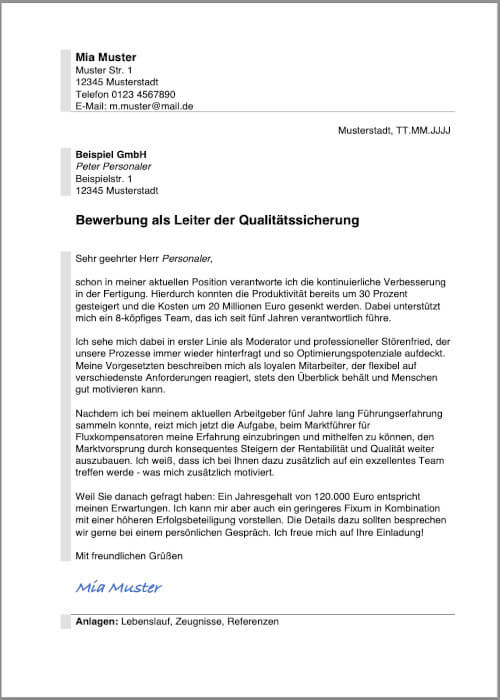 Bewerbung Führungskraft Anschreiben Beispiel