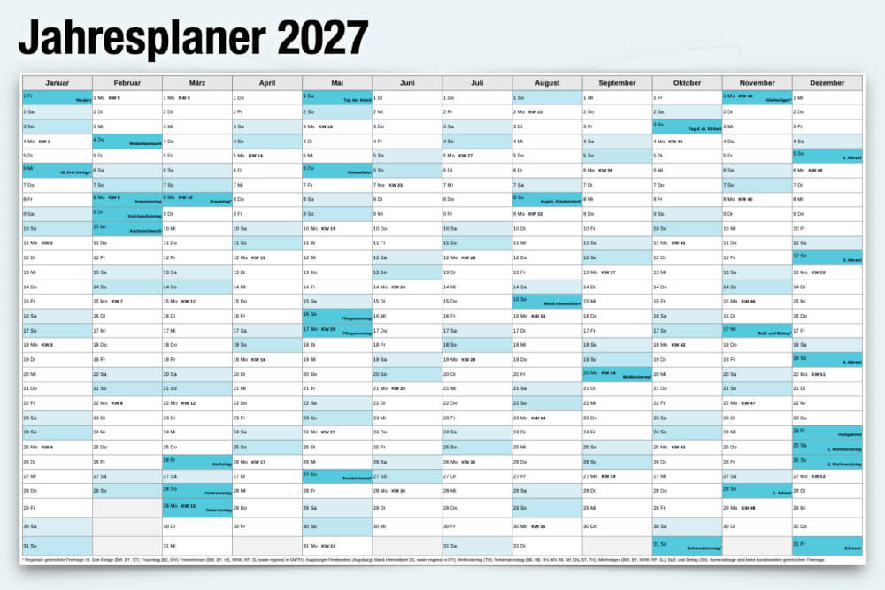 Jahresplaner 2027 Kalender Feiertage Kostenlos