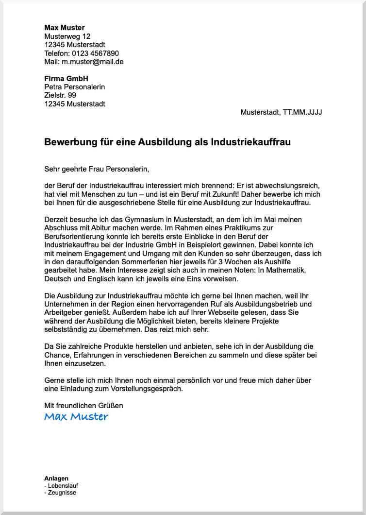 Anschreiben Bewerbung Muster Ausbildung