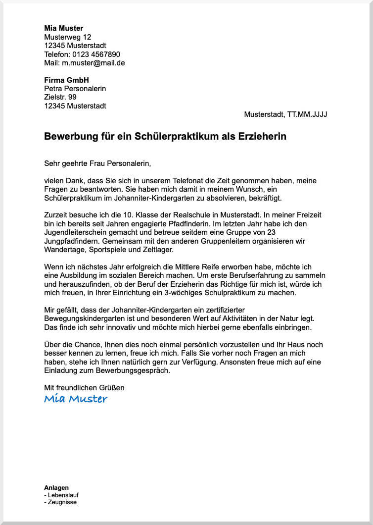 Anschreiben Vorlage Schülerpraktikum